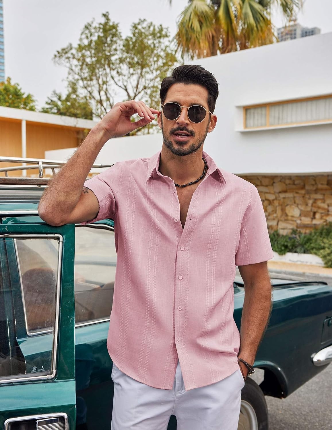 image:imageCOOFANDY Mens Casual Button Down Shirts Short Sleeve Summer Beach Textured ShirtsPink