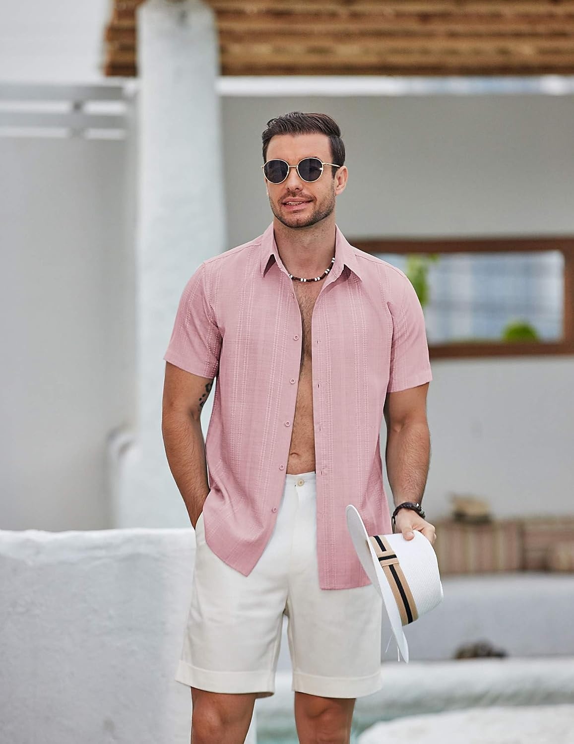 image:imageCOOFANDY Mens Casual Button Down Shirts Short Sleeve Summer Beach Textured ShirtsPink