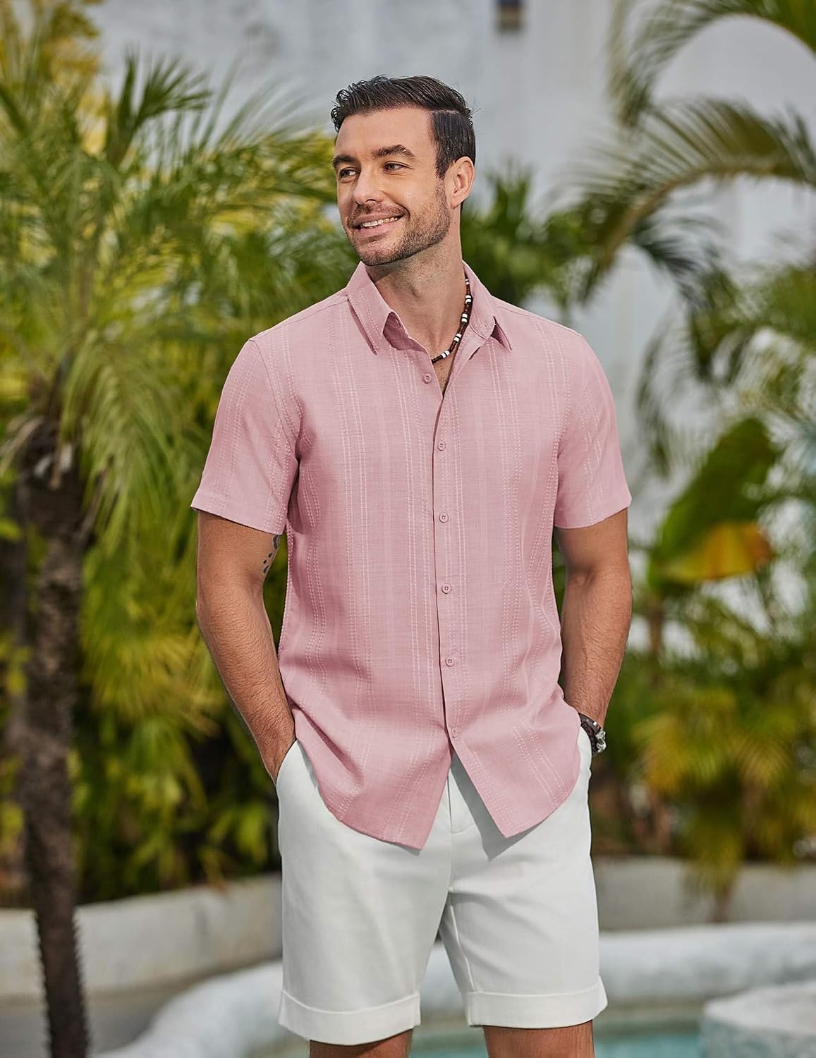 image:imageCOOFANDY Mens Casual Button Down Shirts Short Sleeve Summer Beach Textured ShirtsPink