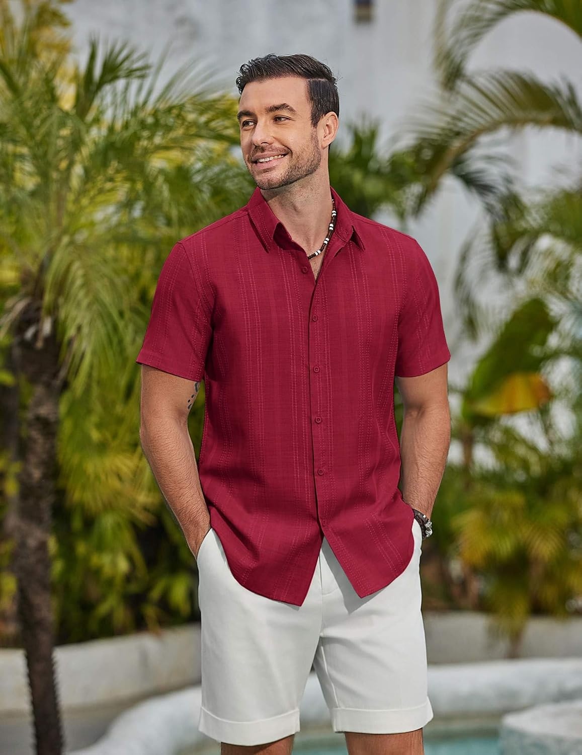 image:imageCOOFANDY Mens Casual Button Down Shirts Short Sleeve Summer Beach Textured ShirtsWine Red