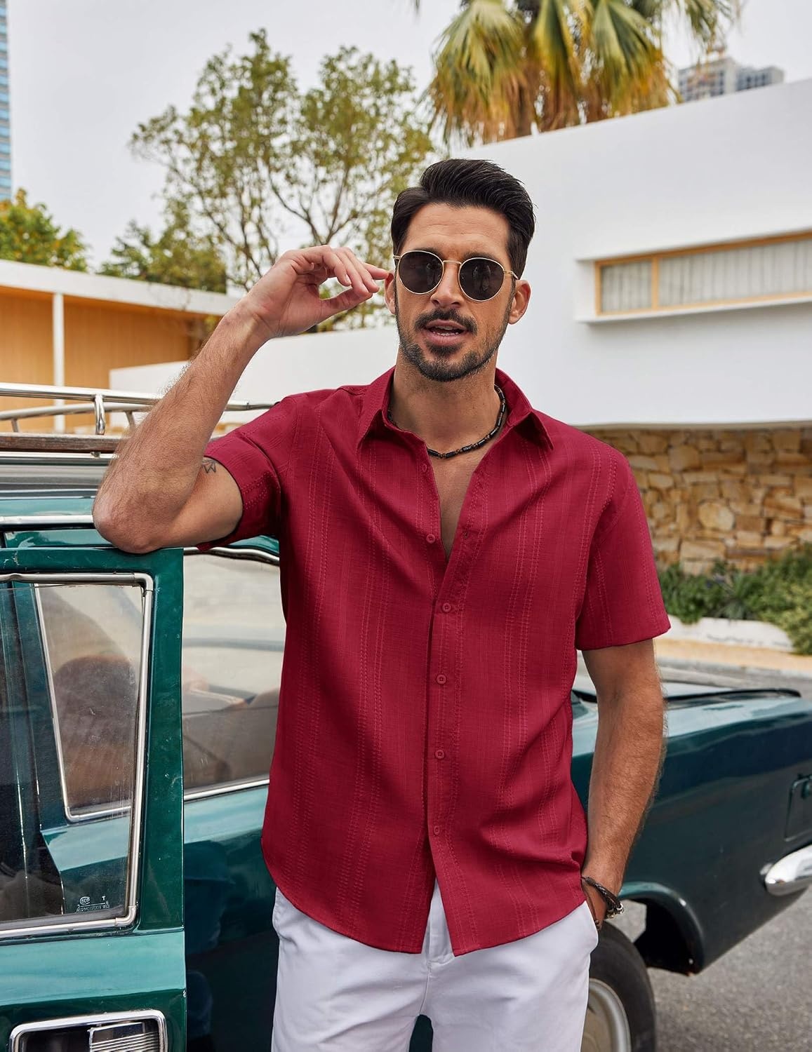 image:imageCOOFANDY Mens Casual Button Down Shirts Short Sleeve Summer Beach Textured ShirtsWine Red