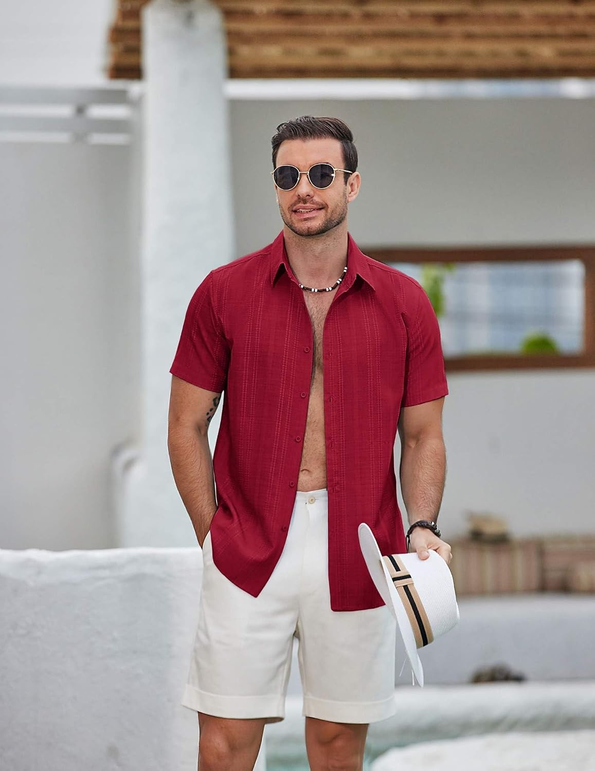 image:imageCOOFANDY Mens Casual Button Down Shirts Short Sleeve Summer Beach Textured ShirtsWine Red