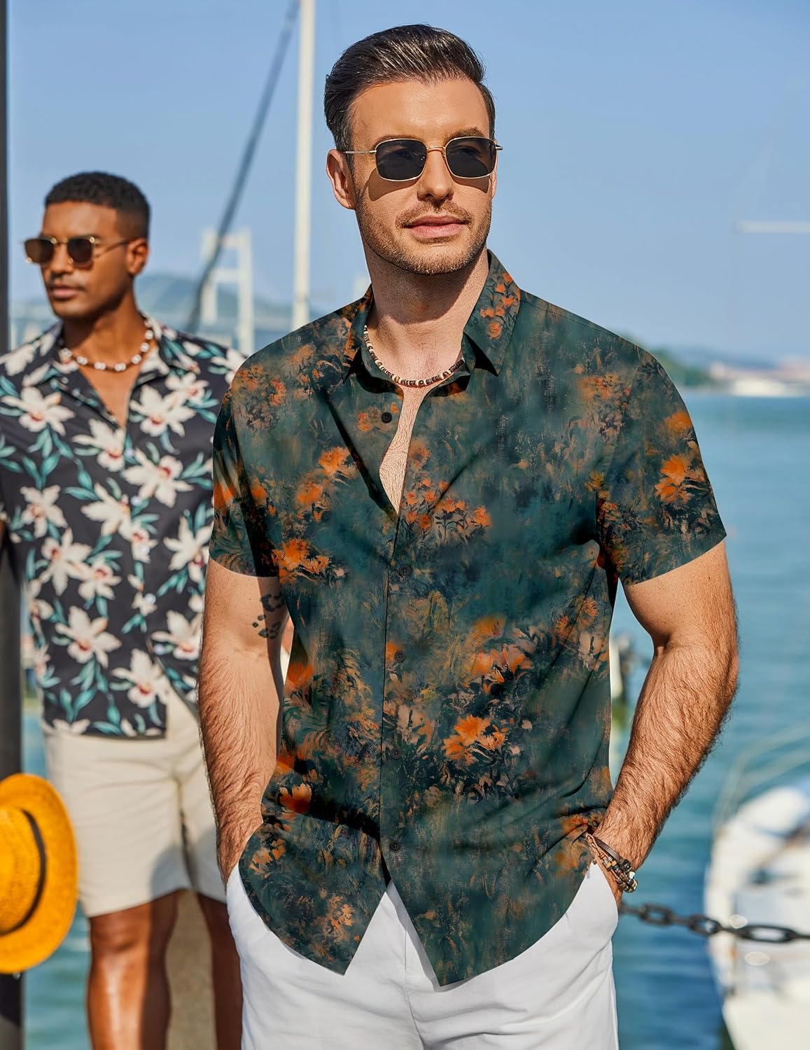 image:imageCOOFANDY Mens Hawaiian Shirt Short Sleeve Button Down Beach Vacation Shirt Retro Summer Tropical ShirtsDeep Teal Bold Watercolor