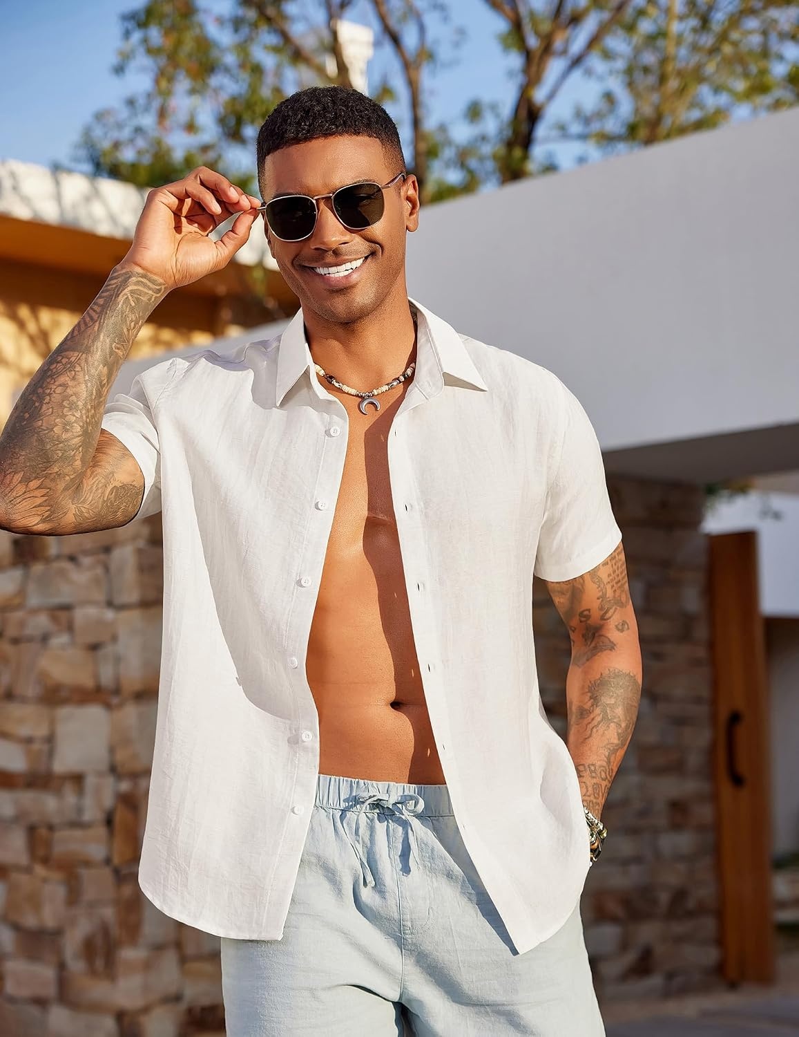 image:imageCOOFANDY Mens Linen Shirts Short Sleeve Casual Button Down Shirts Beach Summer Wedding TopsAll White