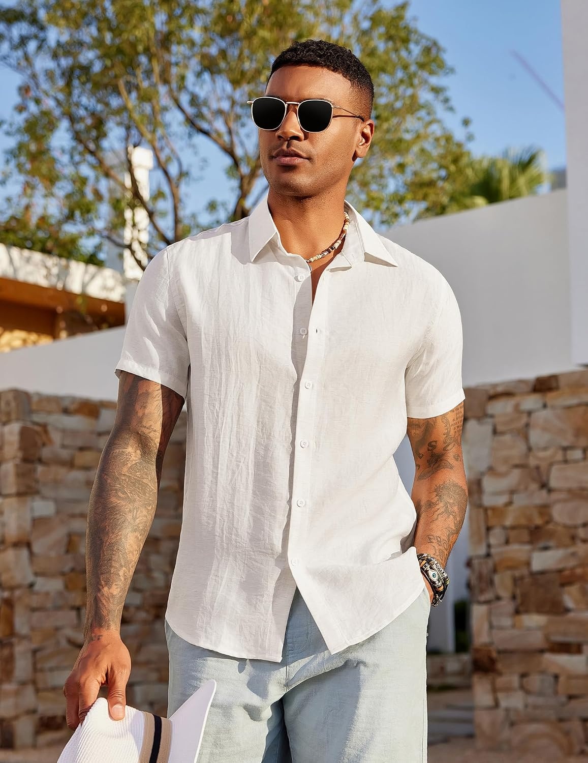 image:imageCOOFANDY Mens Linen Shirts Short Sleeve Casual Button Down Shirts Beach Summer Wedding TopsAll White