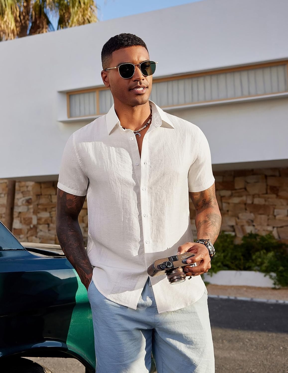 image:imageCOOFANDY Mens Linen Shirts Short Sleeve Casual Button Down Shirts Beach Summer Wedding TopsAll White