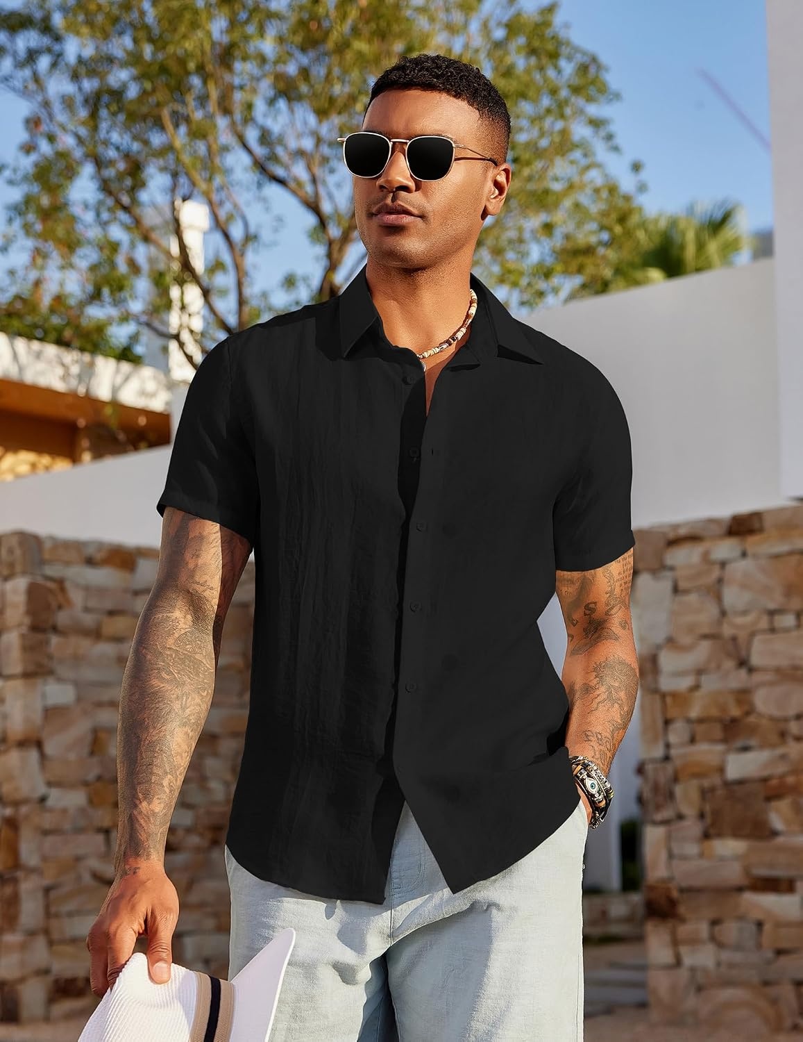 image:imageCOOFANDY Mens Linen Shirts Short Sleeve Casual Button Down Shirts Beach Summer Wedding TopsBlack