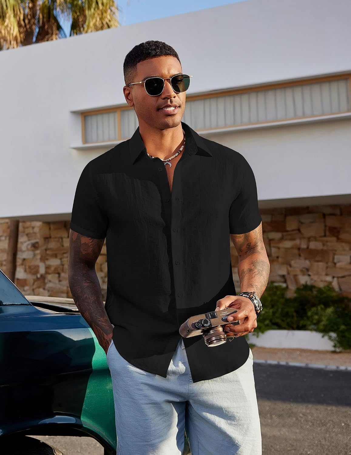 image:imageCOOFANDY Mens Linen Shirts Short Sleeve Casual Button Down Shirts Beach Summer Wedding TopsBlack