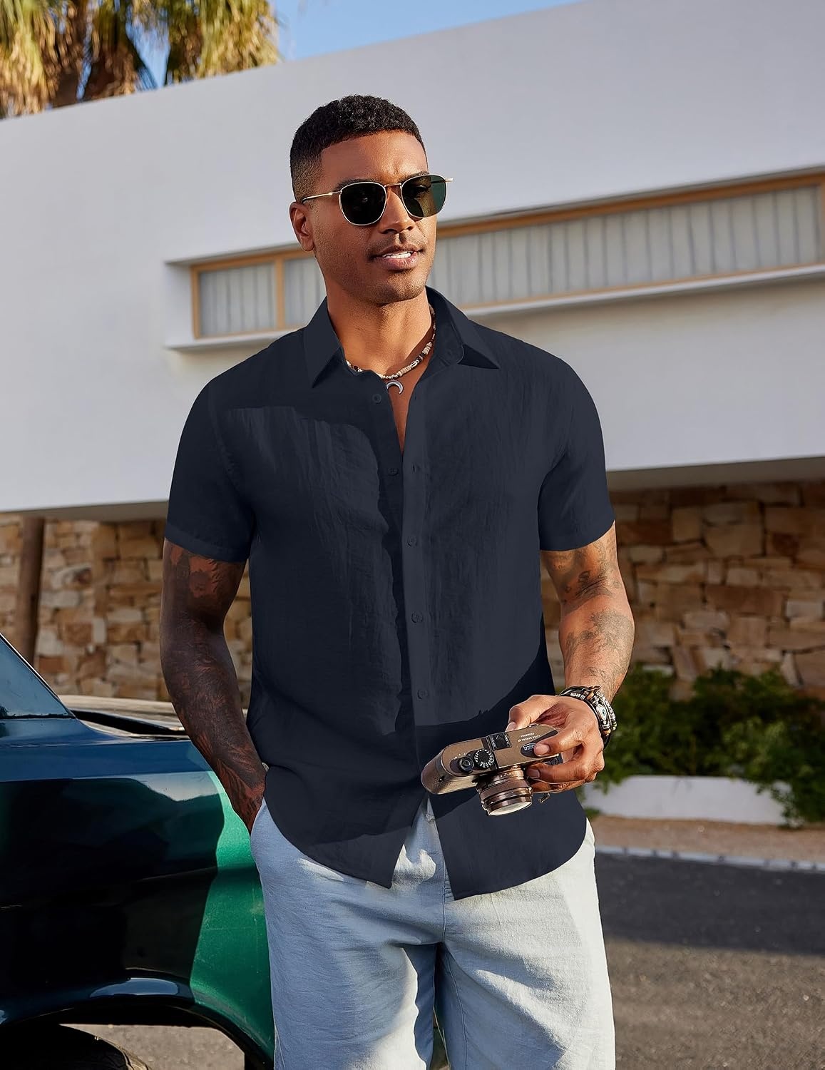 image:imageCOOFANDY Mens Linen Shirts Short Sleeve Casual Button Down Shirts Beach Summer Wedding TopsDark Blue