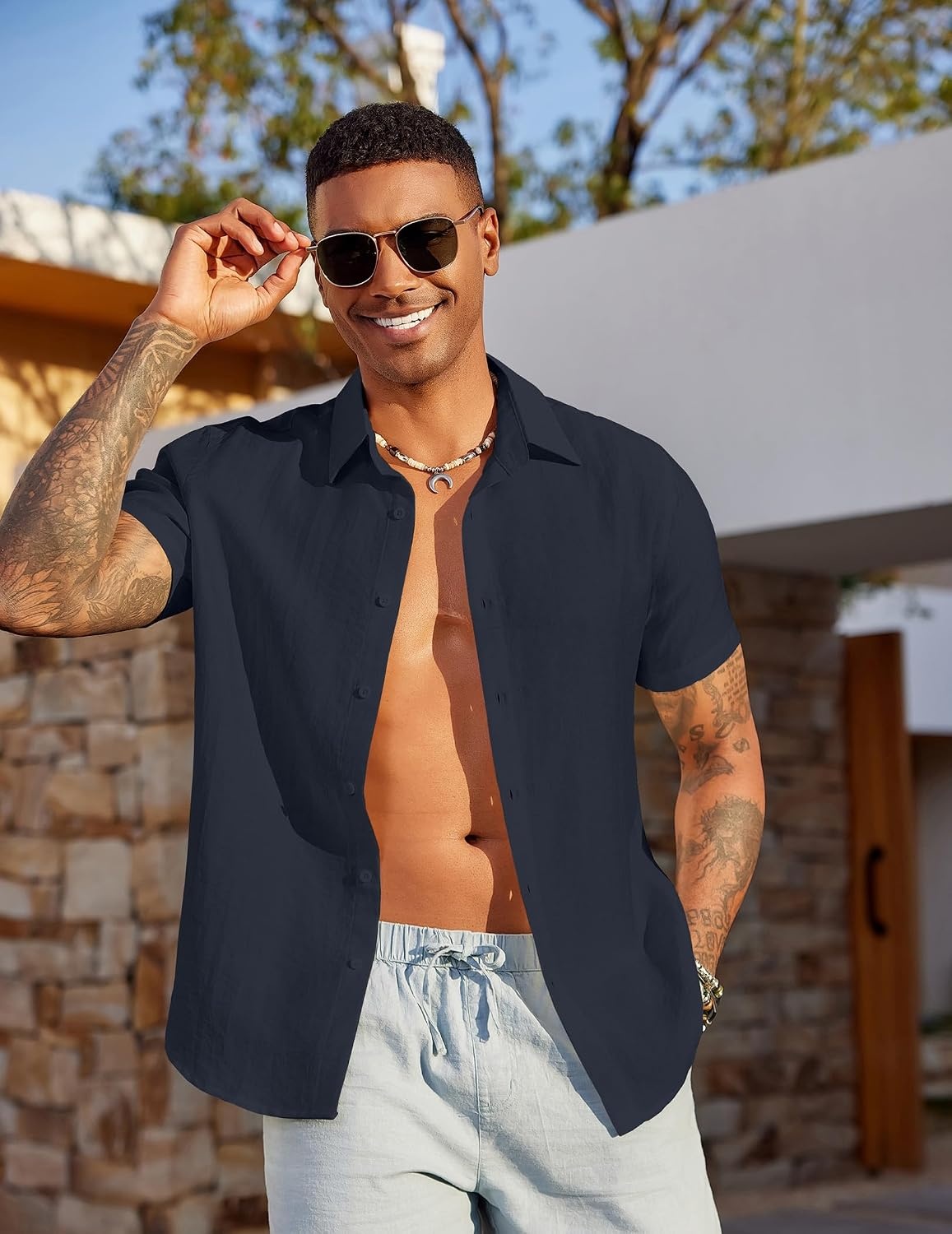 image:imageCOOFANDY Mens Linen Shirts Short Sleeve Casual Button Down Shirts Beach Summer Wedding TopsDark Blue