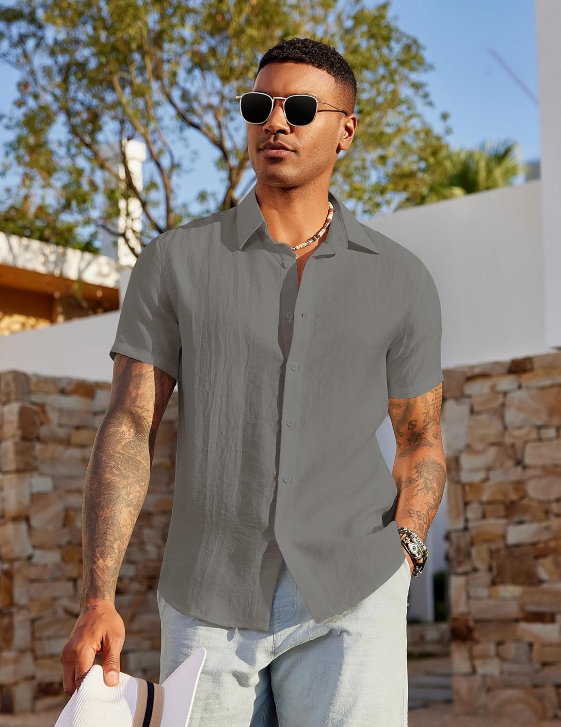 image:imageCOOFANDY Mens Linen Shirts Short Sleeve Casual Button Down Shirts Beach Summer Wedding TopsDark Grey