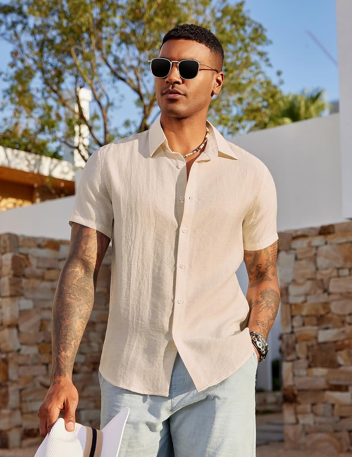 image:imageCOOFANDY Mens Linen Shirts Short Sleeve Casual Button Down Shirts Beach Summer Wedding TopsDark Khaki