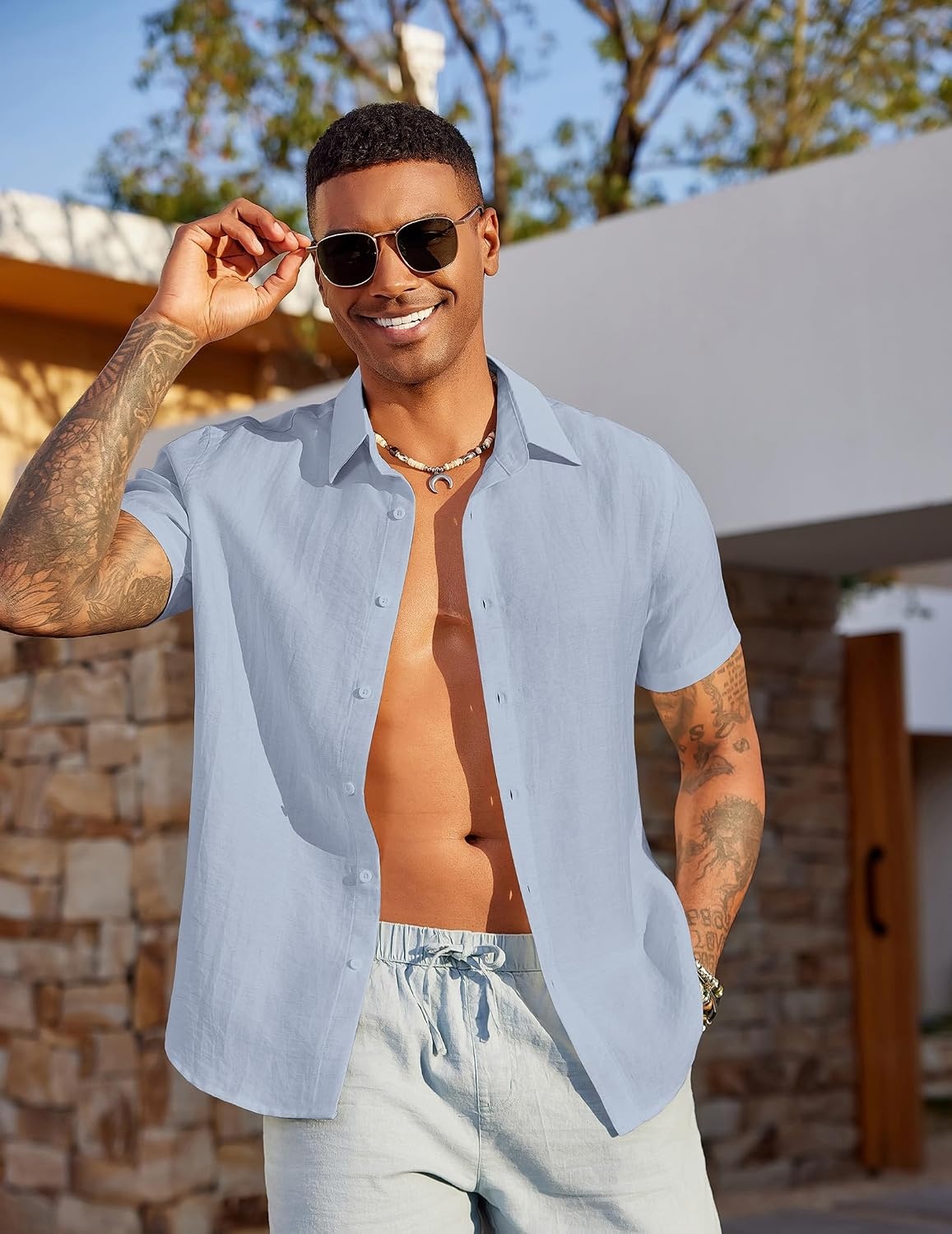 image:imageCOOFANDY Mens Linen Shirts Short Sleeve Casual Button Down Shirts Beach Summer Wedding TopsLight Blue