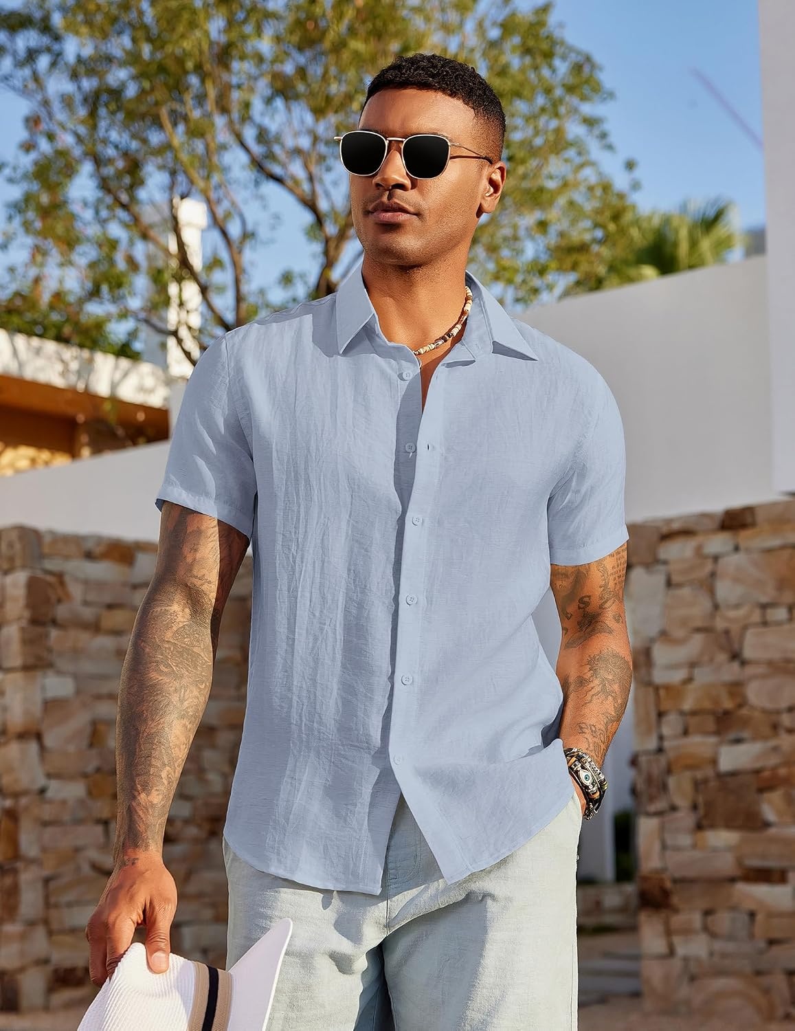 image:imageCOOFANDY Mens Linen Shirts Short Sleeve Casual Button Down Shirts Beach Summer Wedding TopsLight Blue