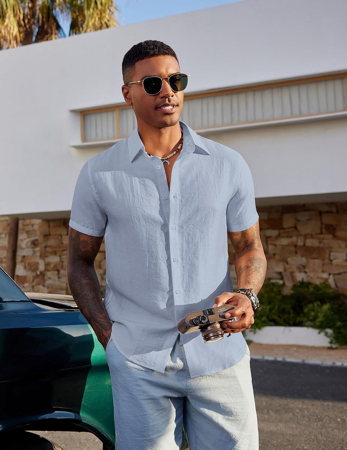 image:imageCOOFANDY Mens Linen Shirts Short Sleeve Casual Button Down Shirts Beach Summer Wedding TopsLight Blue