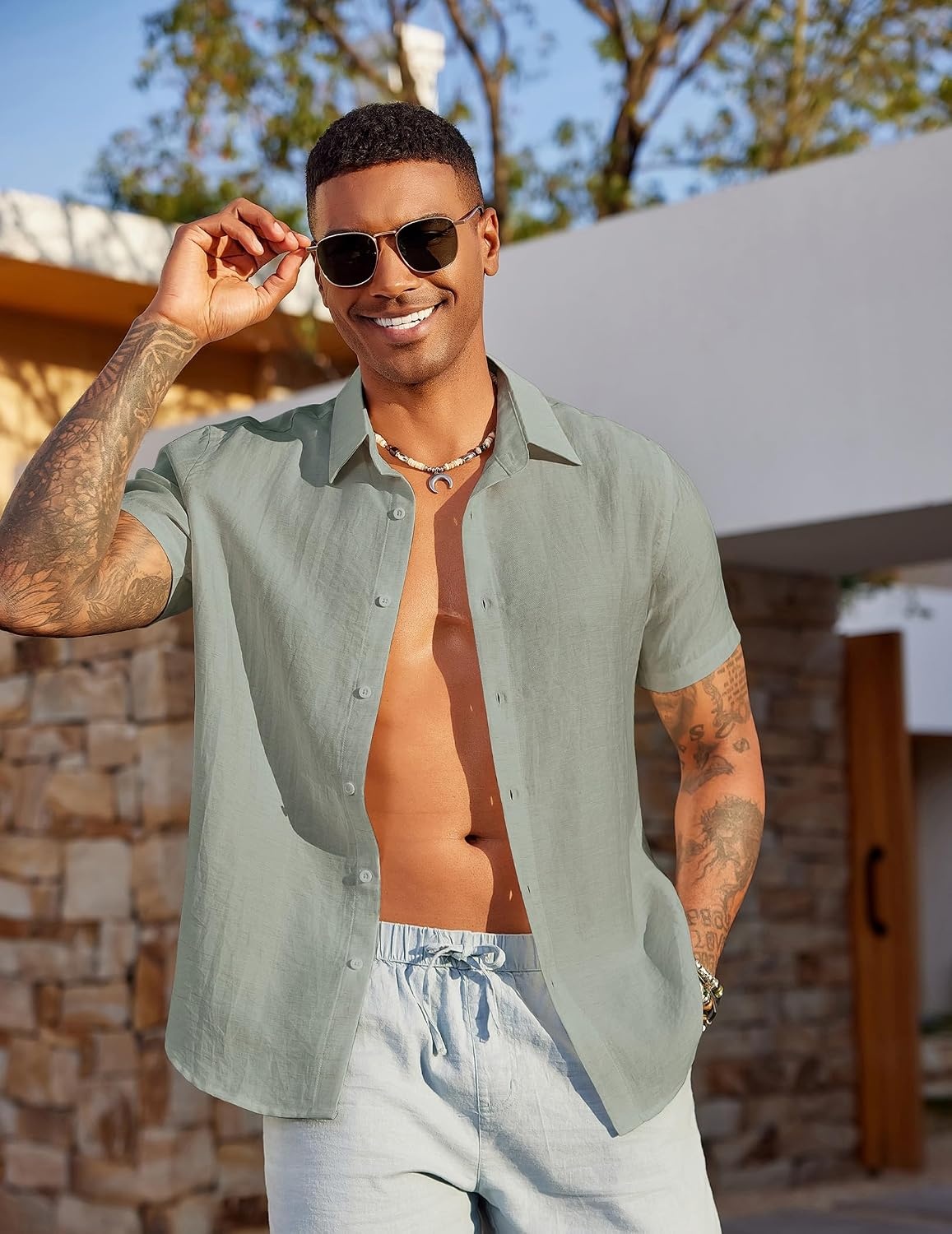 image:imageCOOFANDY Mens Linen Shirts Short Sleeve Casual Button Down Shirts Beach Summer Wedding TopsLight Green