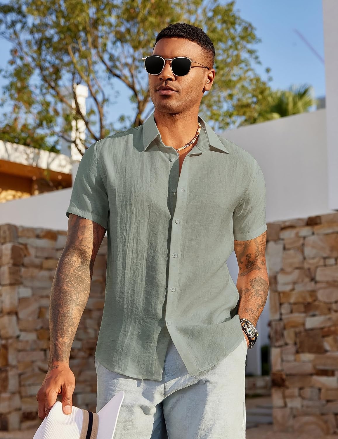 image:imageCOOFANDY Mens Linen Shirts Short Sleeve Casual Button Down Shirts Beach Summer Wedding TopsLight Green