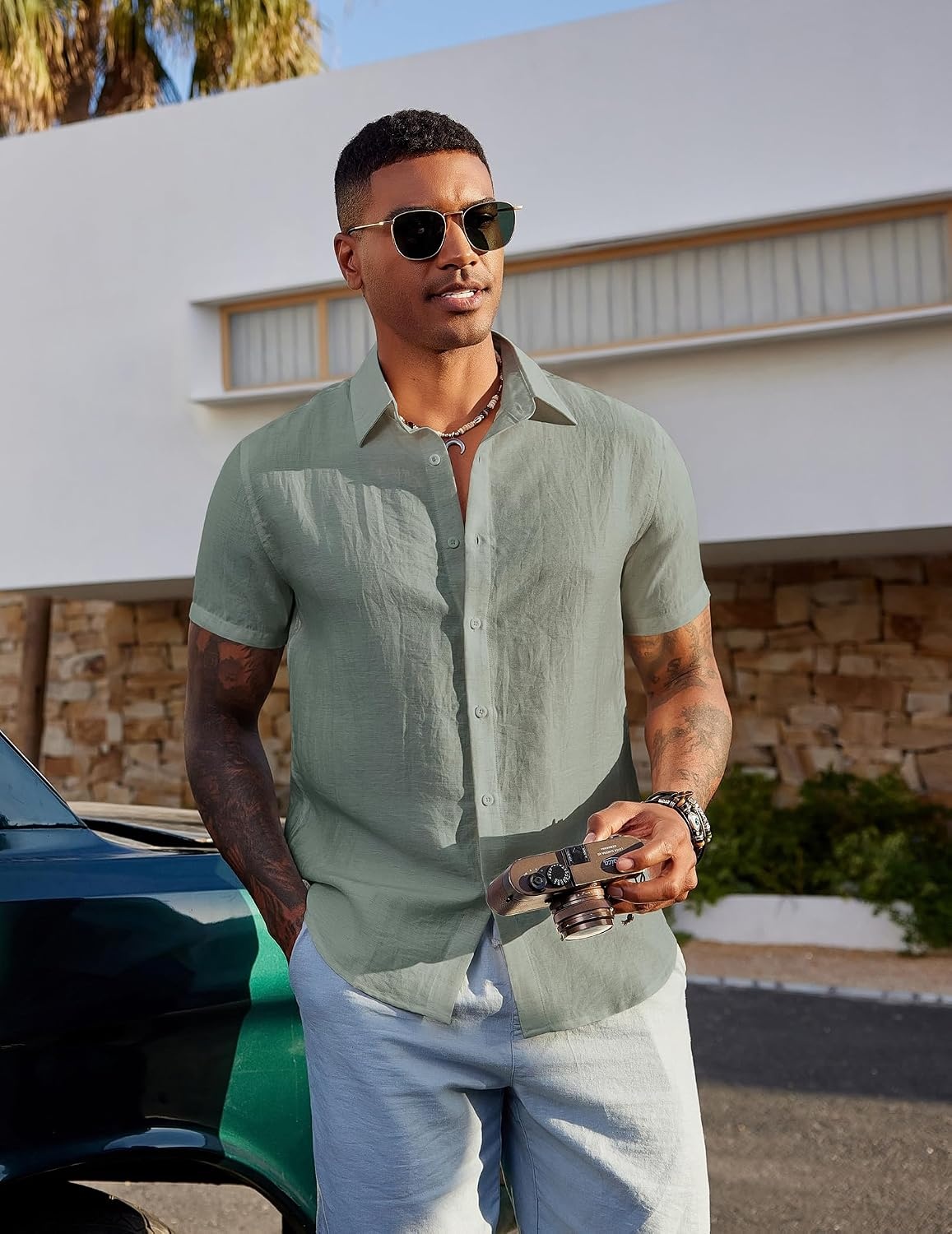 image:imageCOOFANDY Mens Linen Shirts Short Sleeve Casual Button Down Shirts Beach Summer Wedding TopsLight Green