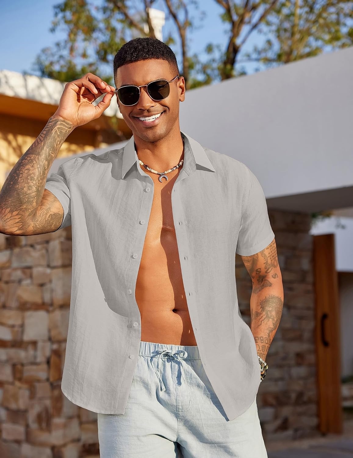 image:imageCOOFANDY Mens Linen Shirts Short Sleeve Casual Button Down Shirts Beach Summer Wedding TopsLight Grey