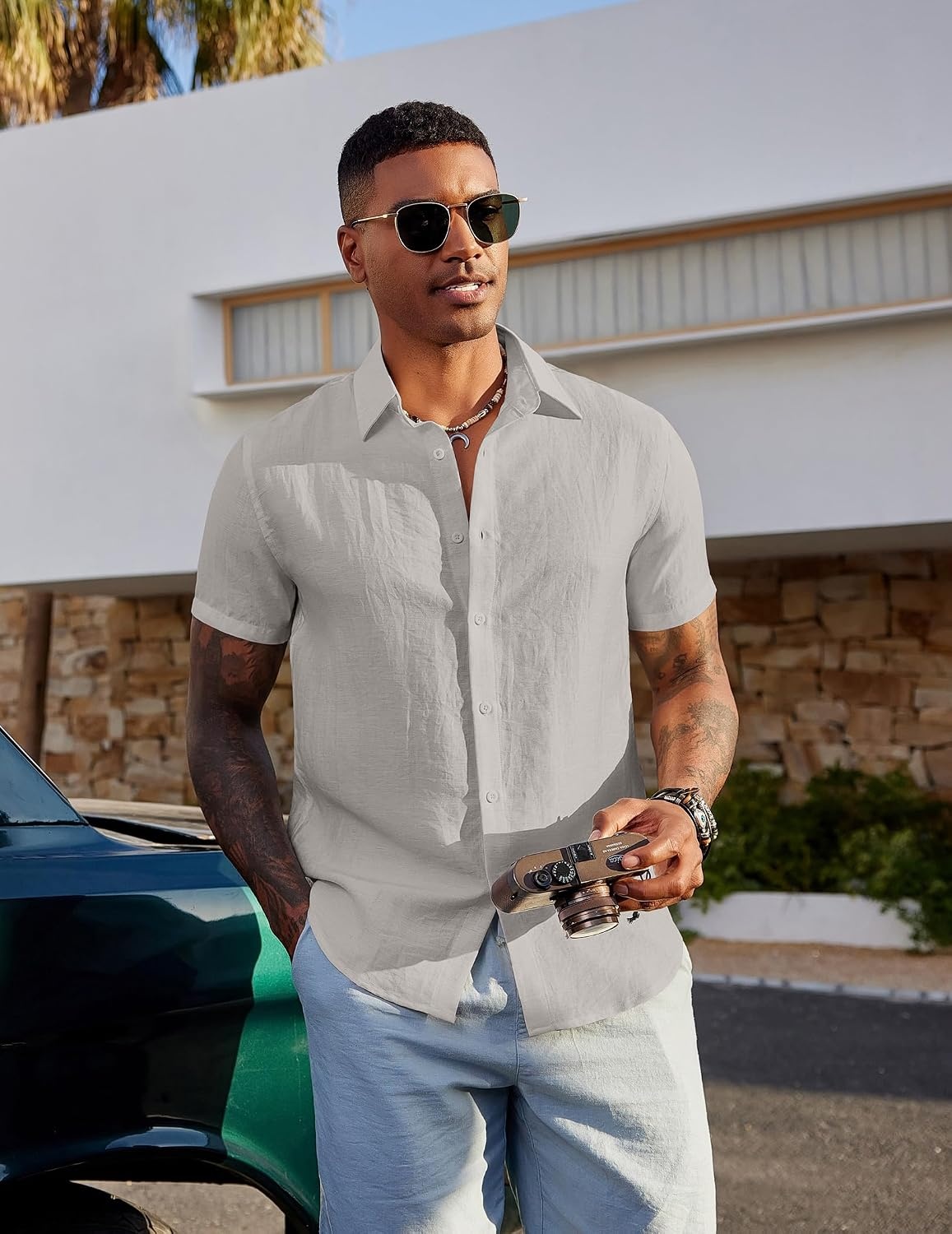 image:imageCOOFANDY Mens Linen Shirts Short Sleeve Casual Button Down Shirts Beach Summer Wedding TopsLight Grey