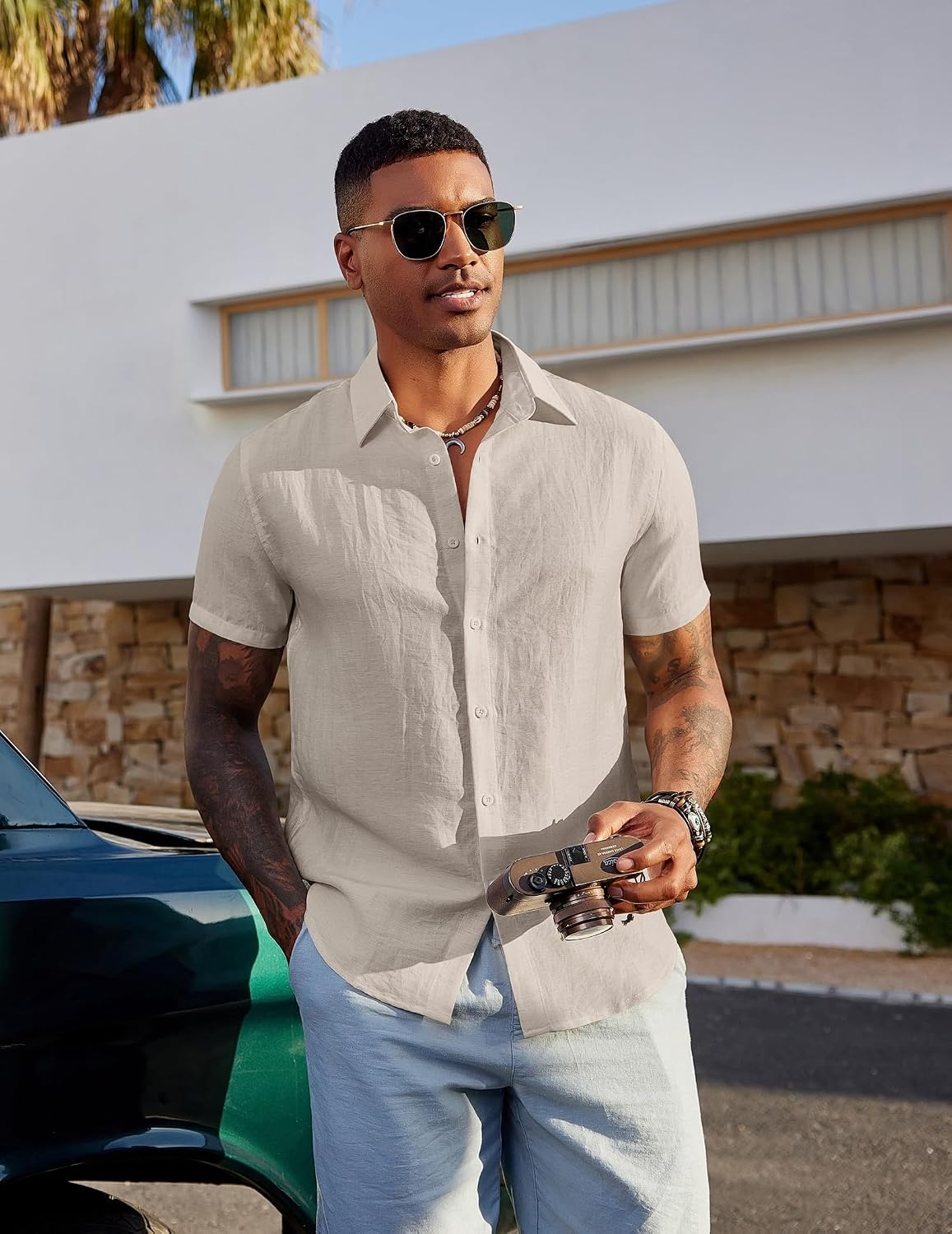 image:imageCOOFANDY Mens Linen Shirts Short Sleeve Casual Button Down Shirts Beach Summer Wedding TopsLight Khaki