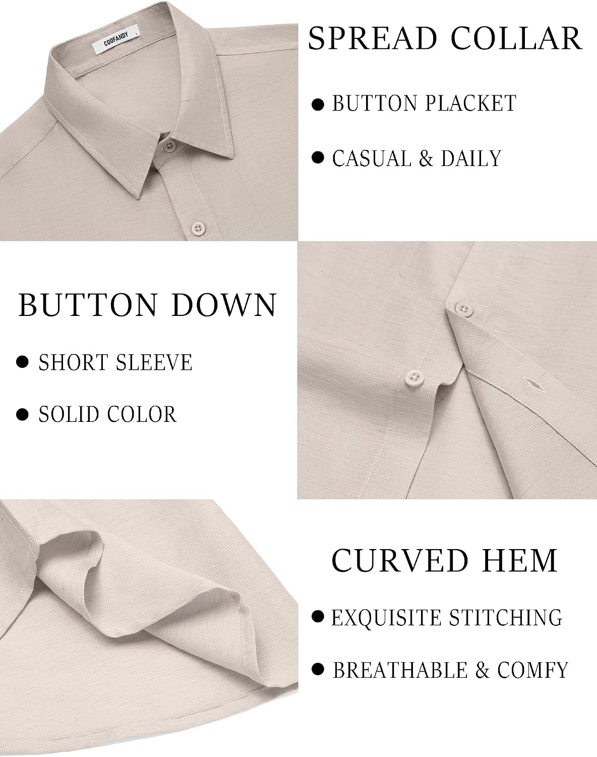 image:imageCOOFANDY Mens Linen Shirts Short Sleeve Casual Button Down Shirts Beach Summer Wedding TopsLight Khaki