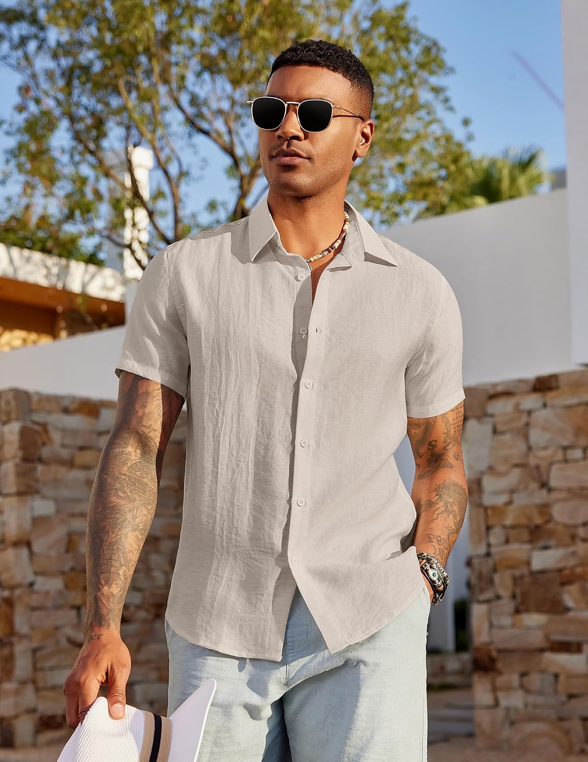 image:imageCOOFANDY Mens Linen Shirts Short Sleeve Casual Button Down Shirts Beach Summer Wedding TopsLight Khaki