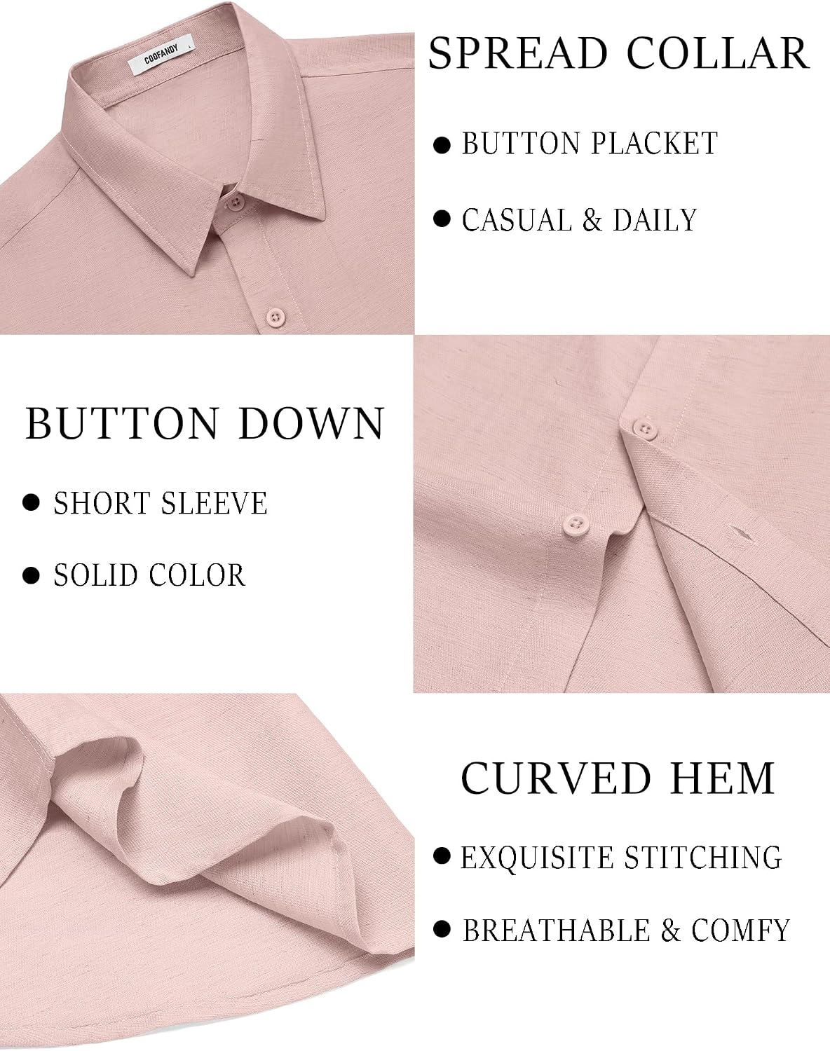 image:imageCOOFANDY Mens Linen Shirts Short Sleeve Casual Button Down Shirts Beach Summer Wedding TopsPink