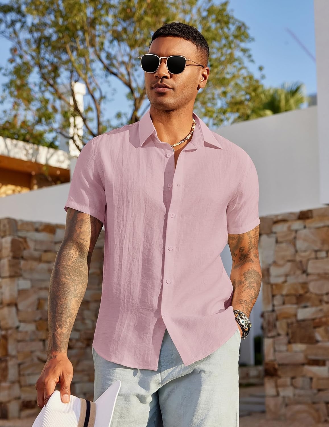 image:imageCOOFANDY Mens Linen Shirts Short Sleeve Casual Button Down Shirts Beach Summer Wedding TopsPink