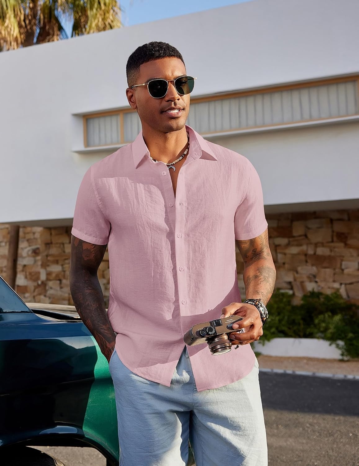 image:imageCOOFANDY Mens Linen Shirts Short Sleeve Casual Button Down Shirts Beach Summer Wedding TopsPink
