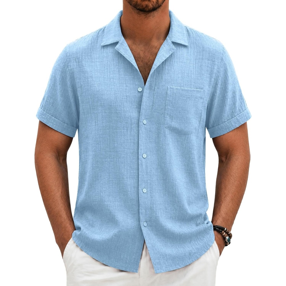 image:imageCOOFANDY Men Short Sleeve Button Down Shirts Summer Linen Textured Shirt Casual Beach Tops with Pocket02light Blue