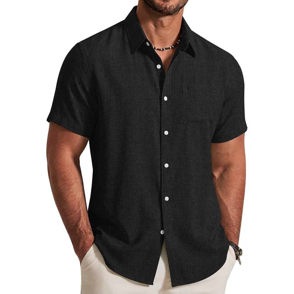image:imageCOOFANDY Mens Button Down Shirt Short Sleeve Casual Shirts Summer Beach Textured Shirts with PocketBlack