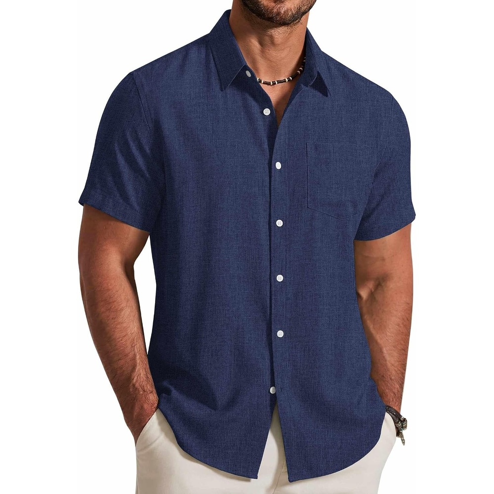 image:imageCOOFANDY Mens Button Down Shirt Short Sleeve Casual Shirts Summer Beach Textured Shirts with PocketDark Blue