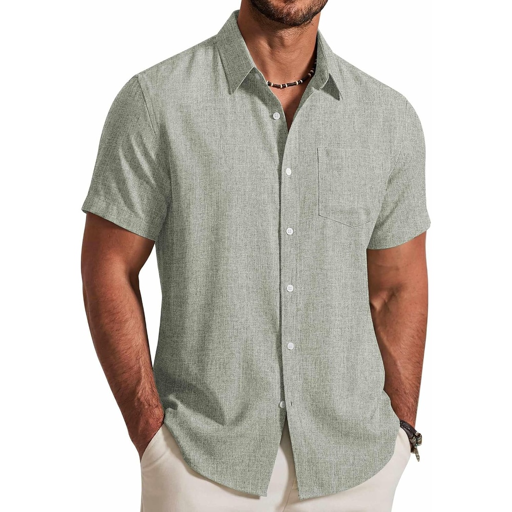 image:imageCOOFANDY Mens Button Down Shirt Short Sleeve Casual Shirts Summer Beach Textured Shirts with PocketGreen
