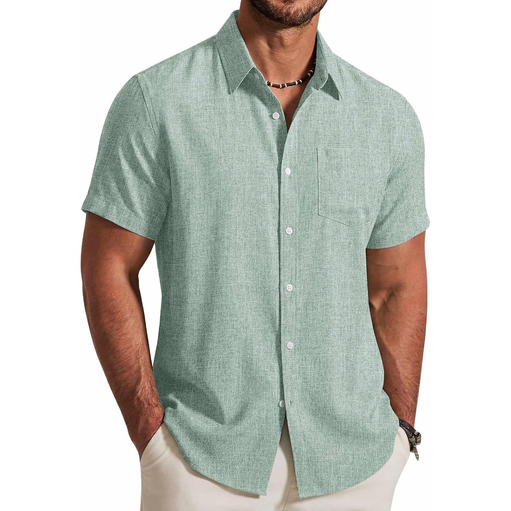 image:imageCOOFANDY Mens Button Down Shirt Short Sleeve Casual Shirts Summer Beach Textured Shirts with PocketIce Green