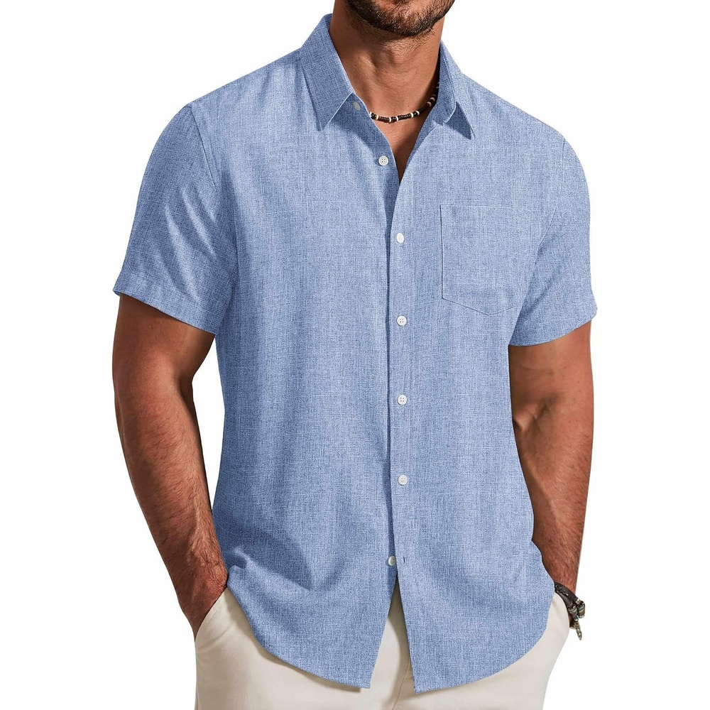 image:imageCOOFANDY Mens Button Down Shirt Short Sleeve Casual Shirts Summer Beach Textured Shirts with PocketLight Blue
