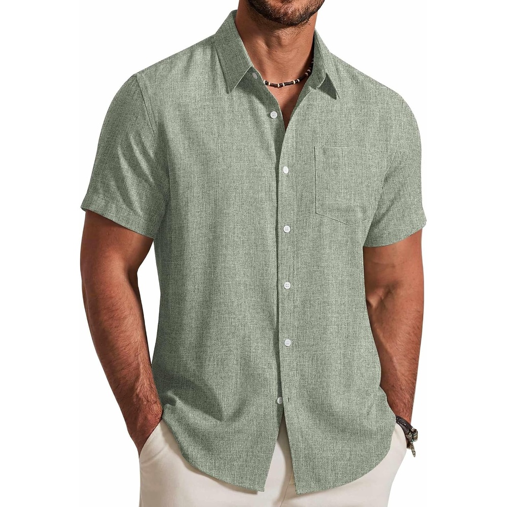 image:imageCOOFANDY Mens Button Down Shirt Short Sleeve Casual Shirts Summer Beach Textured Shirts with PocketLight Green