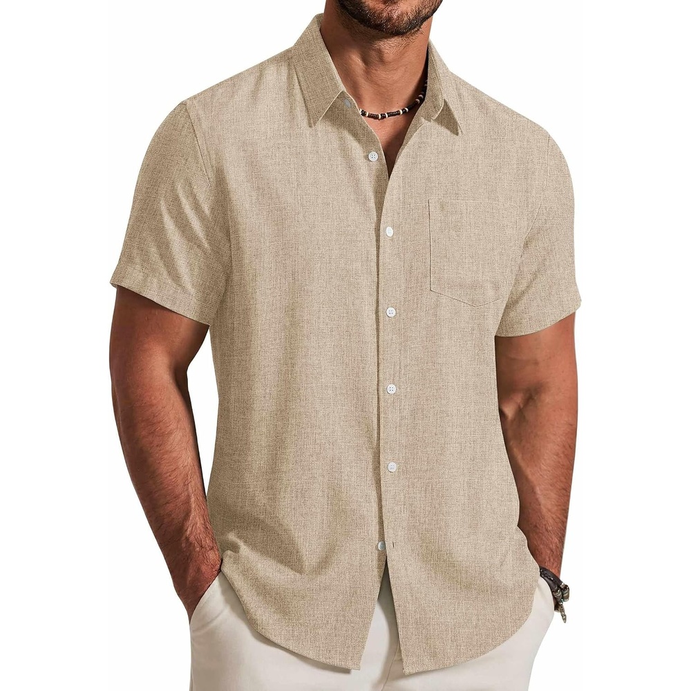 image:imageCOOFANDY Mens Button Down Shirt Short Sleeve Casual Shirts Summer Beach Textured Shirts with PocketLight Khaki