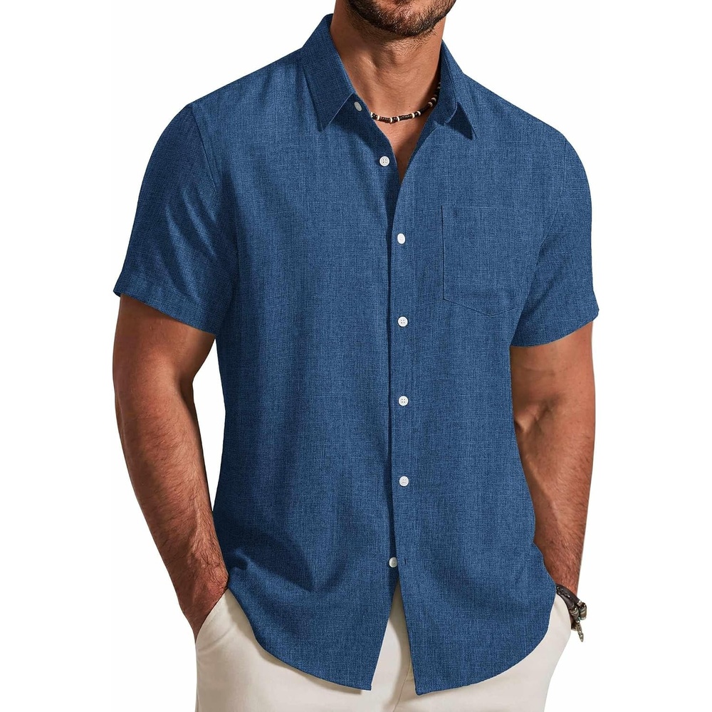 image:imageCOOFANDY Mens Button Down Shirt Short Sleeve Casual Shirts Summer Beach Textured Shirts with PocketNavy Blue