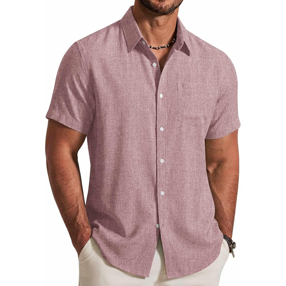 image:imageCOOFANDY Mens Button Down Shirt Short Sleeve Casual Shirts Summer Beach Textured Shirts with PocketPink