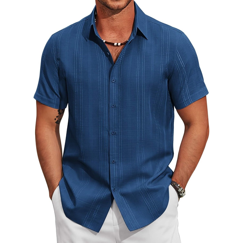 image:imageCOOFANDY Mens Casual Button Down Shirts Short Sleeve Summer Beach Textured ShirtsDark Blue