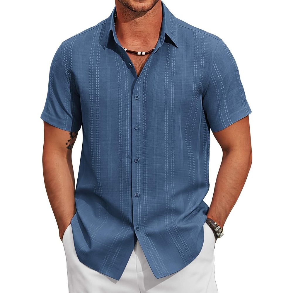 image:imageCOOFANDY Mens Casual Button Down Shirts Short Sleeve Summer Beach Textured ShirtsGray Blue