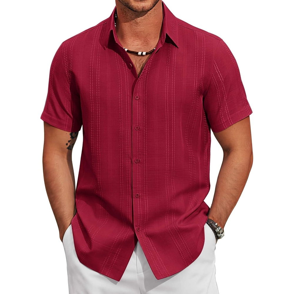 image:imageCOOFANDY Mens Casual Button Down Shirts Short Sleeve Summer Beach Textured ShirtsWine Red