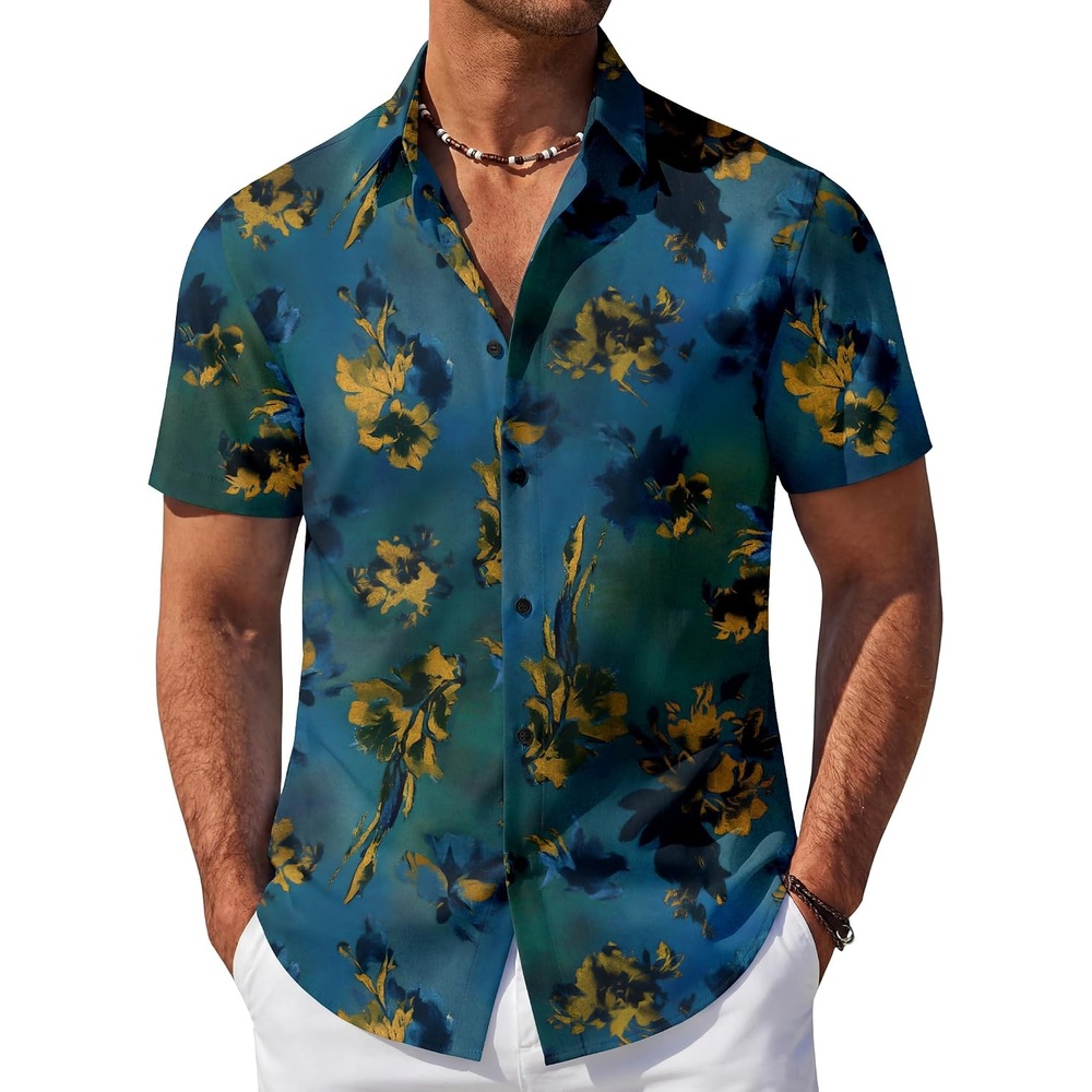 image:imageCOOFANDY Mens Hawaiian Shirt Short Sleeve Button Down Beach Vacation Shirt Retro Summer Tropical ShirtsTeal Green Vintage Floral Oil Print