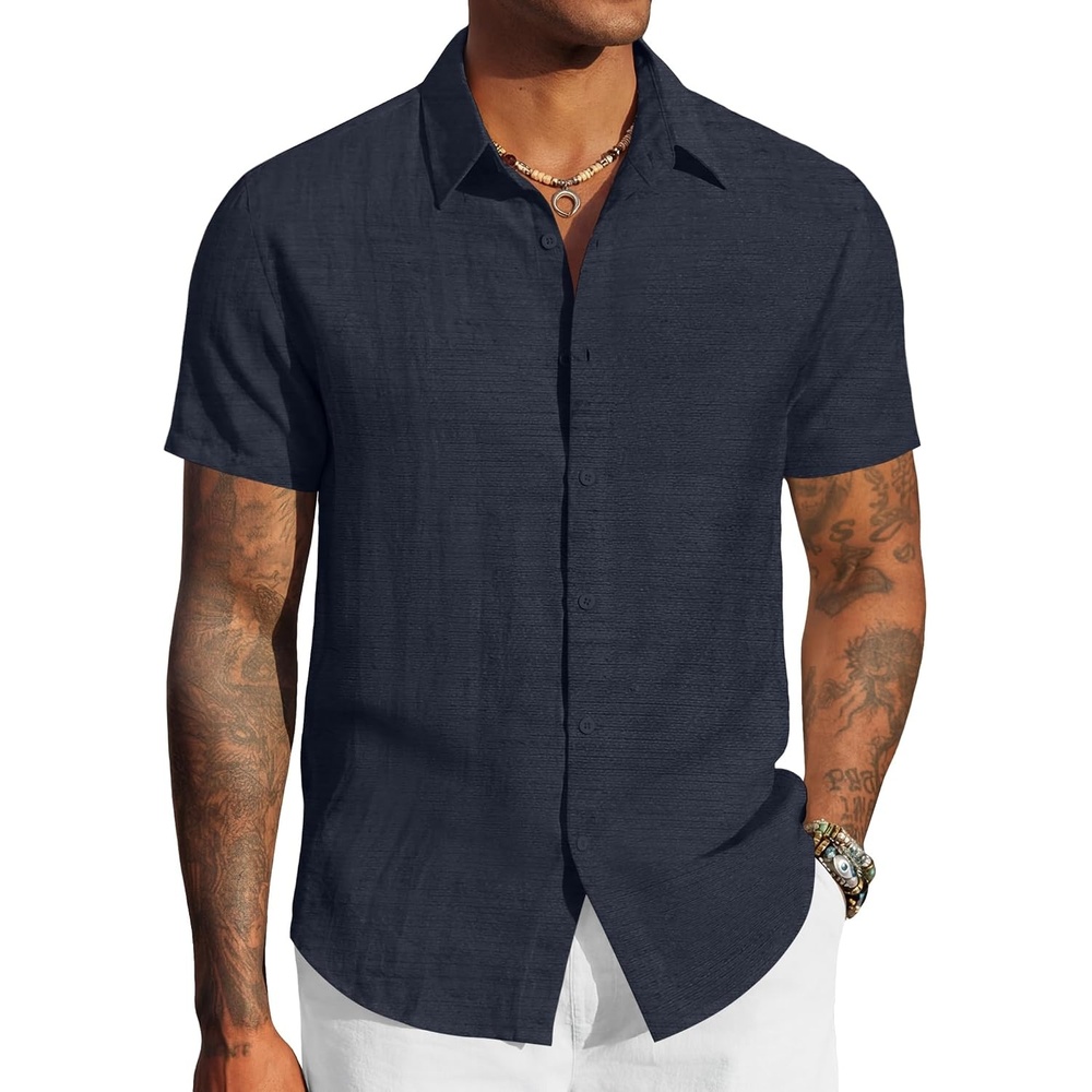 image:imageCOOFANDY Mens Linen Shirts Short Sleeve Casual Button Down Shirts Beach Summer Wedding TopsDark Blue