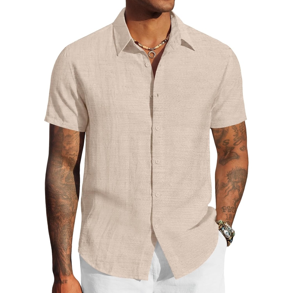 image:imageCOOFANDY Mens Linen Shirts Short Sleeve Casual Button Down Shirts Beach Summer Wedding TopsDark Khaki
