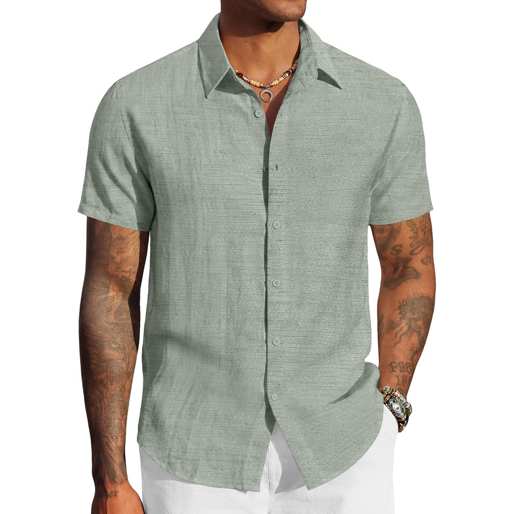 image:imageCOOFANDY Mens Linen Shirts Short Sleeve Casual Button Down Shirts Beach Summer Wedding TopsLight Green
