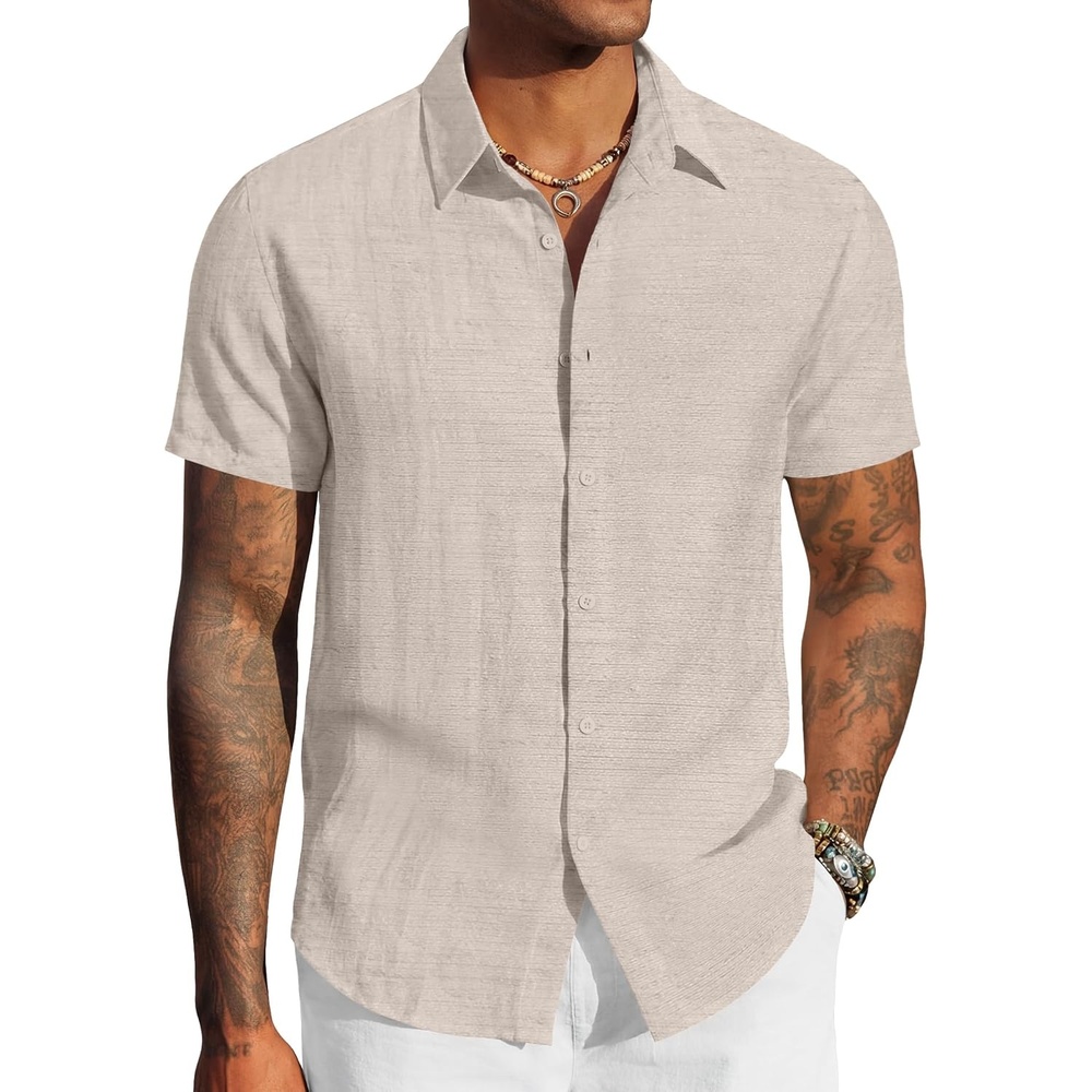 image:imageCOOFANDY Mens Linen Shirts Short Sleeve Casual Button Down Shirts Beach Summer Wedding TopsLight Khaki