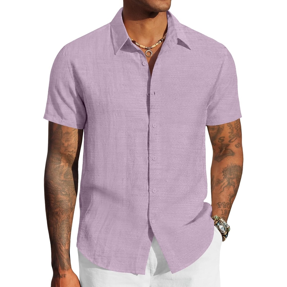 image:imageCOOFANDY Mens Linen Shirts Short Sleeve Casual Button Down Shirts Beach Summer Wedding TopsLight Purple