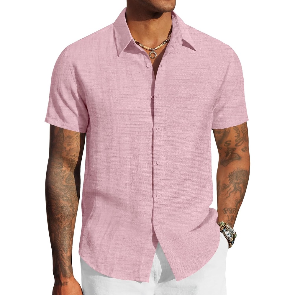 image:imageCOOFANDY Mens Linen Shirts Short Sleeve Casual Button Down Shirts Beach Summer Wedding TopsPink